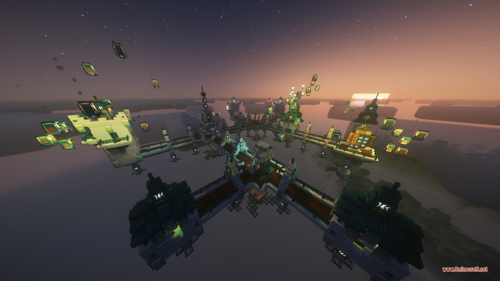 Katters Structures Village Data Pack (26.2, 1.21.1) – Trade In Hidden Towns 5 An aerial view of a massive sky village floating over the ocean
