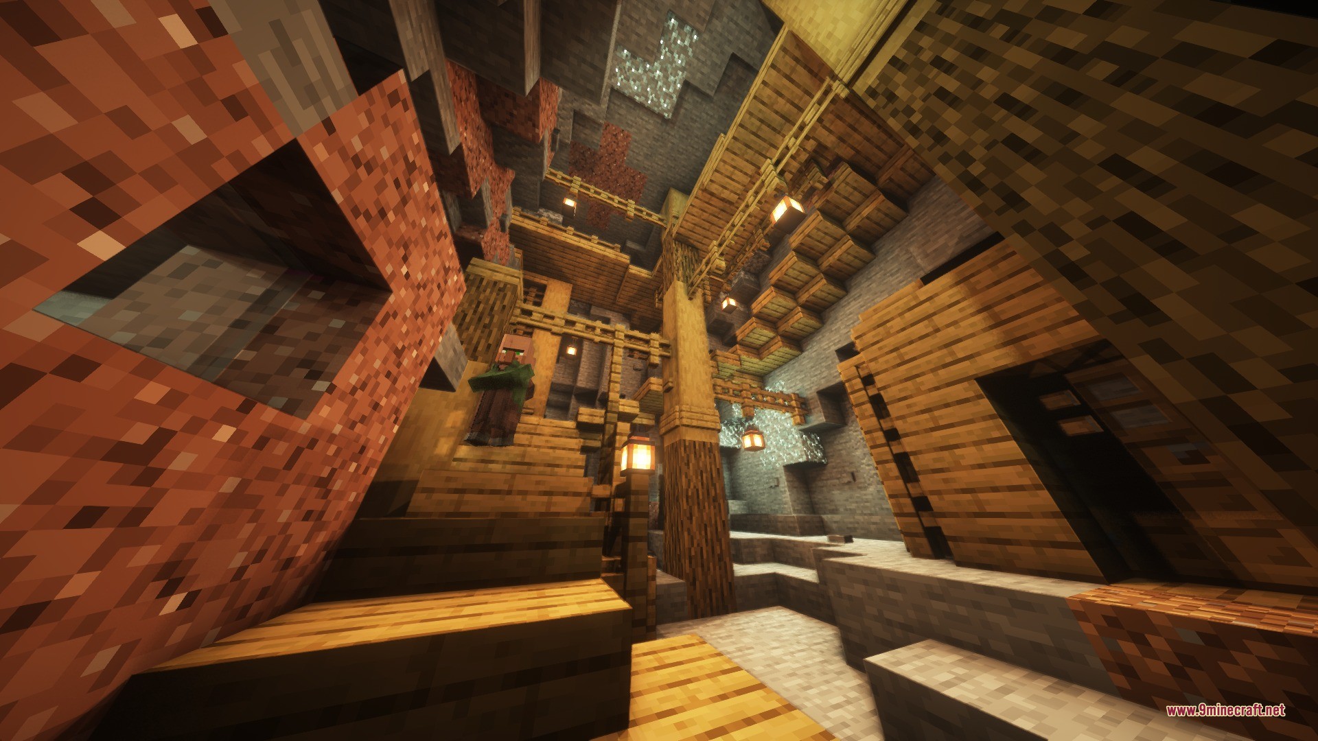 Katters Structures Village Data Pack (26.2, 1.21.1) – Trade In Hidden Towns 6 A villager stands on wooden stairs inside a large underground cave settlement