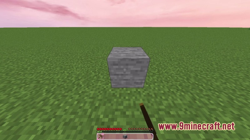 Kawaii Pvp Resource Pack (26.2, 1.20.1) – Cute Pink Textures For Cleaner Battles 6 A stone block on green grass under a soft pink sky with custom ui