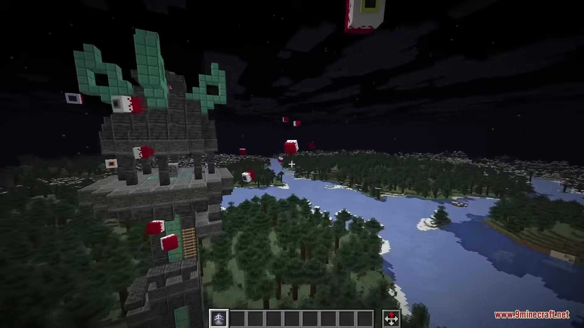 Keaton’s Reimagined Bookshelves Resource Pack (1.21.11, 1.20.1) 2 A tall stone tower stands in a dark forest near a river at night