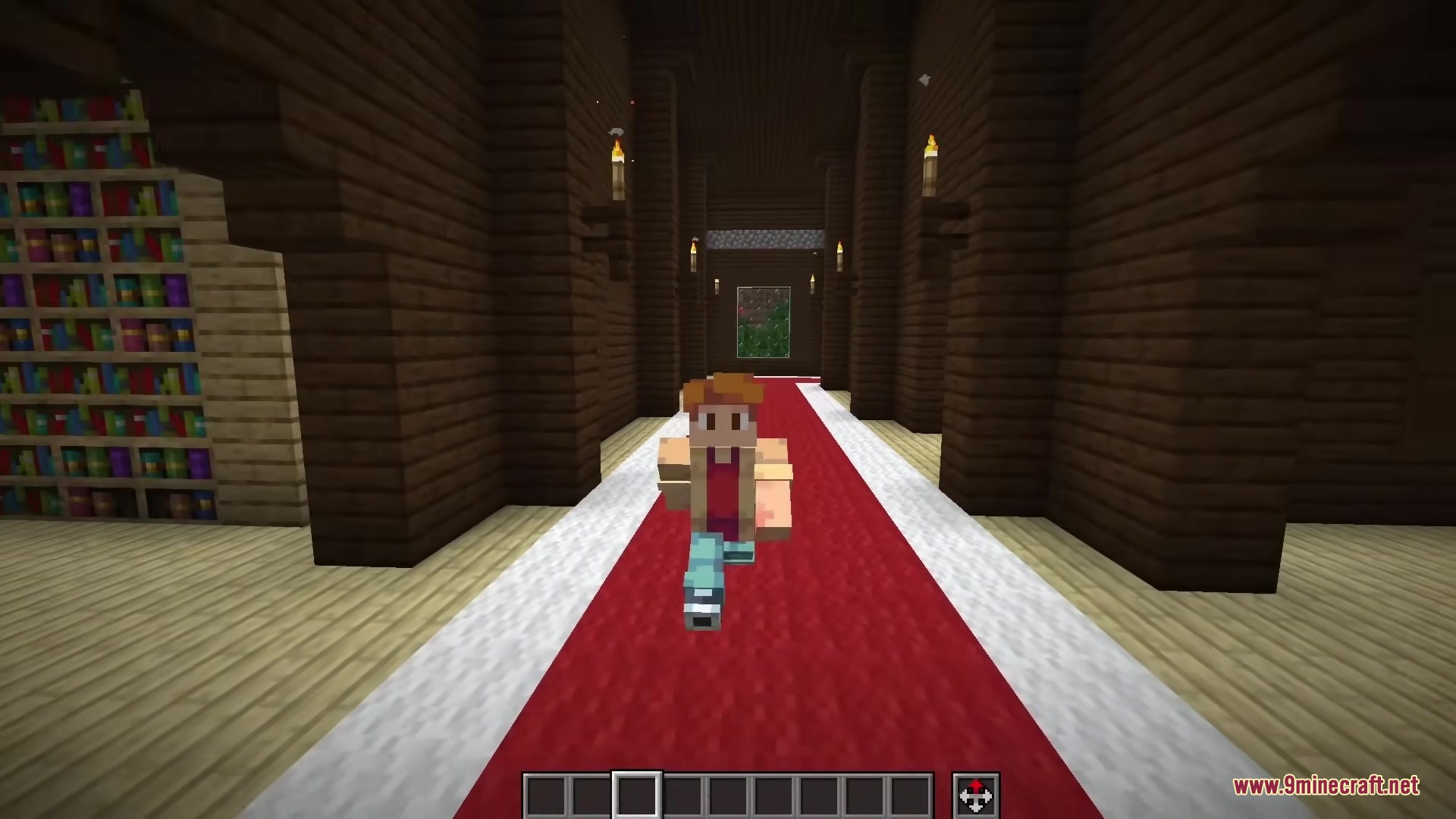 Keaton’s Reimagined Bookshelves Resource Pack (1.21.11, 1.20.1) 4 A minecraft player runs down a long hallway with a red carpet