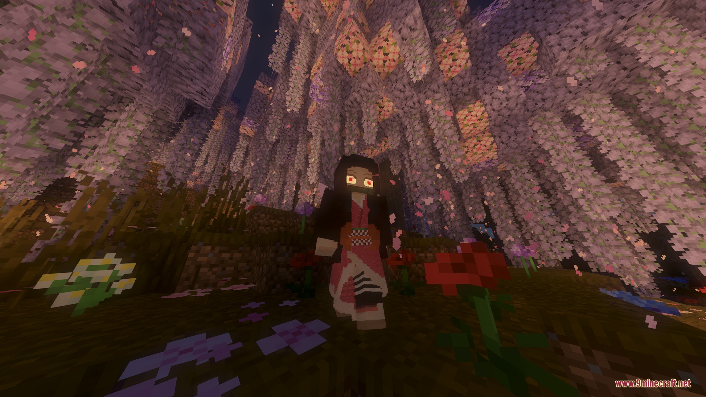 A player character standing in a dense forest of blooming purple wisteria trees