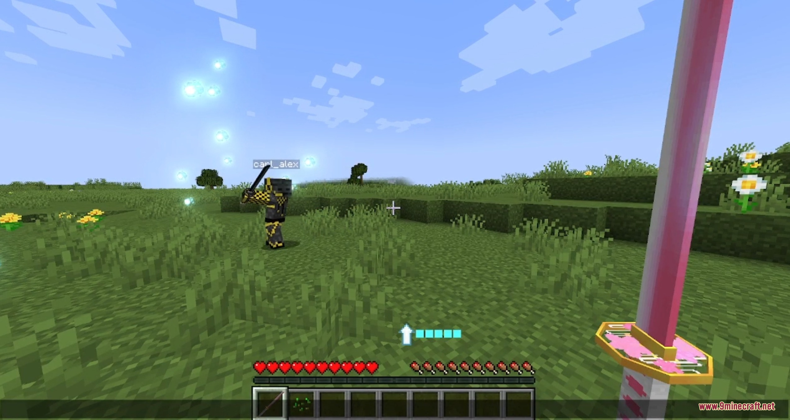 First person view of a pink nichirin sword during a multiplayer duel