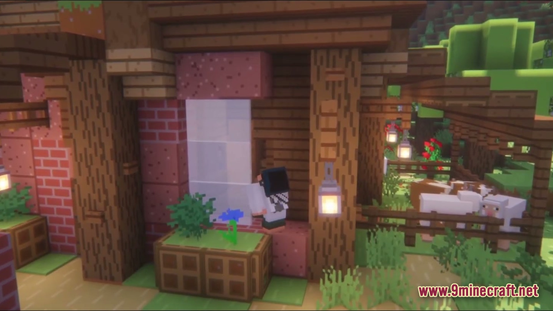 Kinetic Odyssey Quest Modpack (1.20.1) – Mechanical Engineering And Magic Adventures 2 A player character stands outside a rustic wooden house next to a fenced animal pen