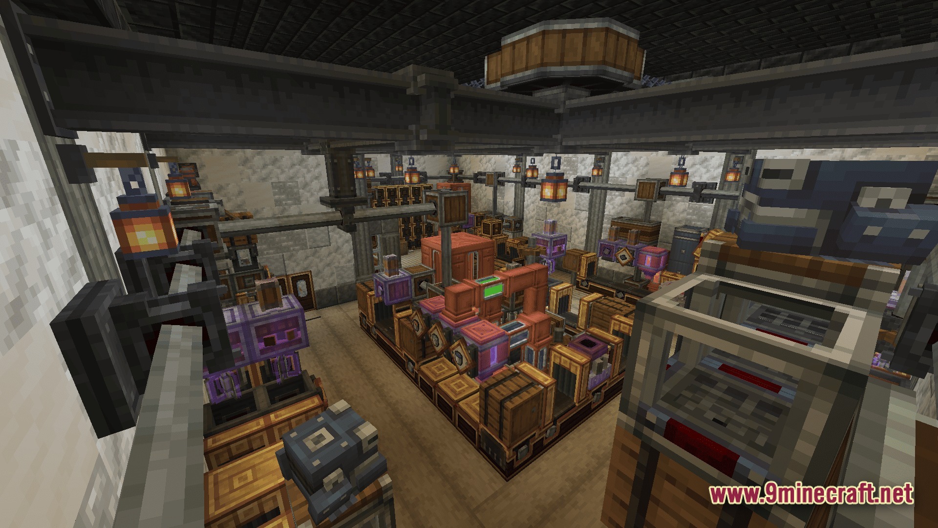 Kinetic Odyssey Quest Modpack (1.20.1) – Mechanical Engineering And Magic Adventures 11 An industrial factory interior featuring complex machinery, copper piping, storage barrels, and hanging lanterns