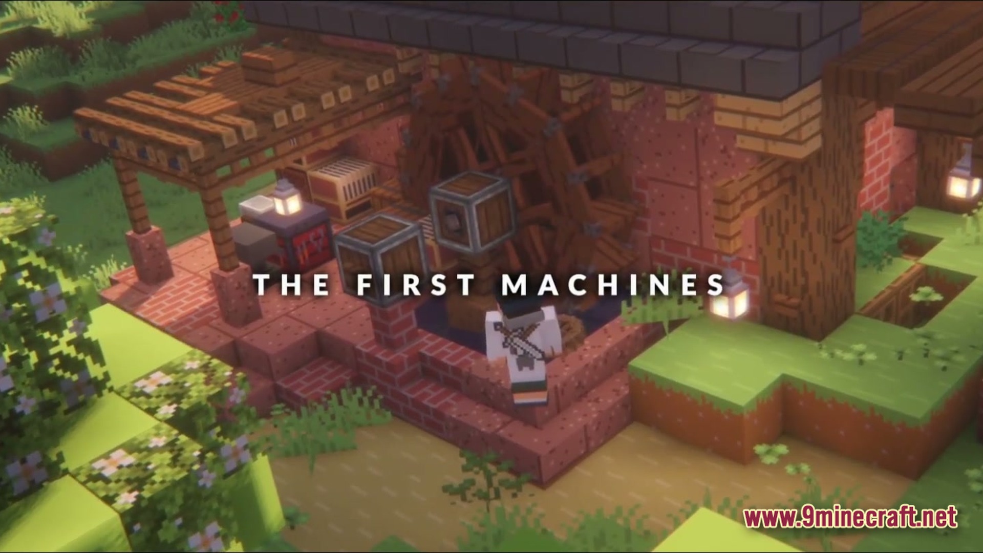 Kinetic Odyssey Quest Modpack (1.20.1) – Mechanical Engineering And Magic Adventures 3 A player character stands before a wooden water wheel and mechanical components from the create mod
