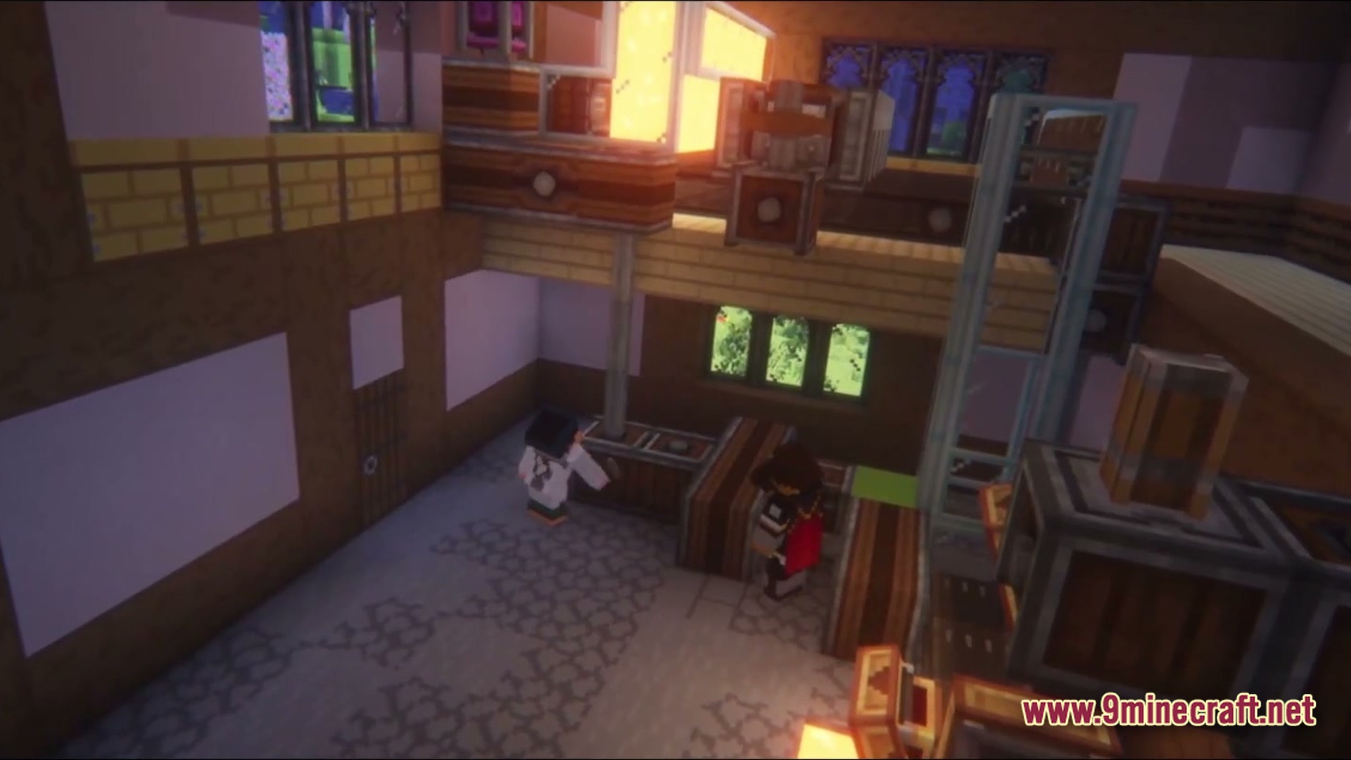 Kinetic Odyssey Quest Modpack (1.20.1) – Mechanical Engineering And Magic Adventures 4 Two players interact with create mod machinery and storage blocks inside a multi-level wooden workshop