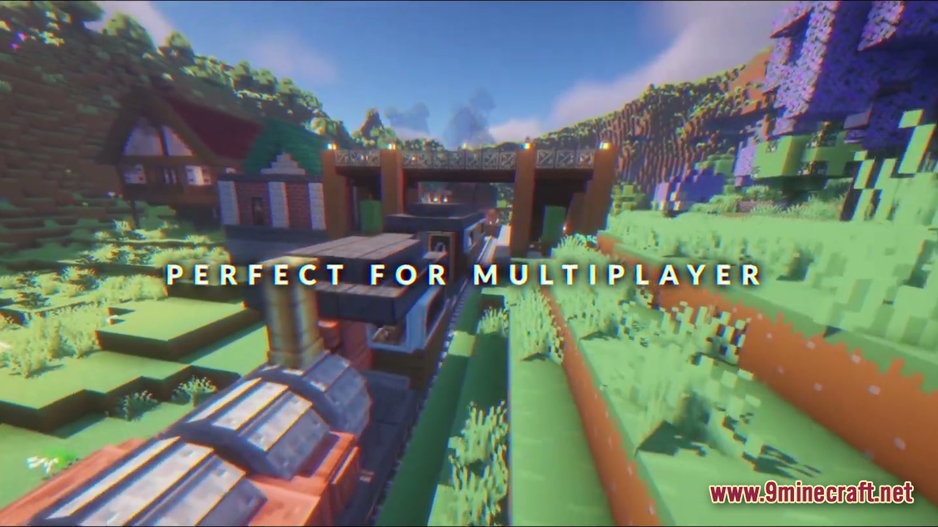 Kinetic Odyssey Quest Modpack (1.20.1) – Mechanical Engineering And Magic Adventures 7 A steam locomotive travels along a track through a village with houses and a bridge