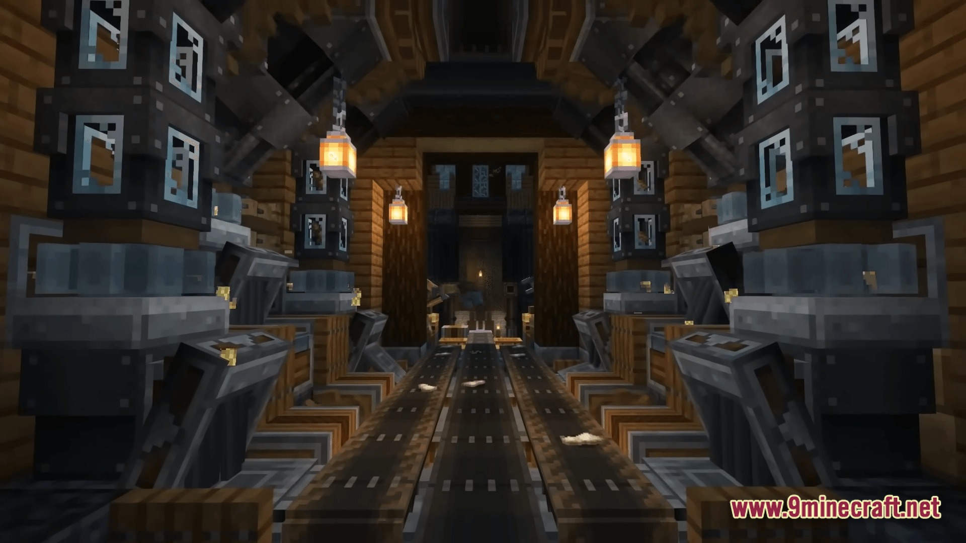 Kinetic Odyssey Quest Modpack (1.20.1) – Mechanical Engineering And Magic Adventures 8 An industrial factory interior featuring conveyor belts, mechanical presses, and hanging lanterns in a wooden hall