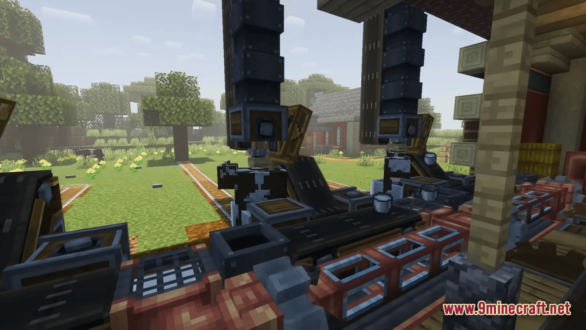 Kinetic Odyssey Quest Modpack (1.20.1) – Mechanical Engineering And Magic Adventures 9 An automated milking station using create mod machinery and conveyor belts to process milk buckets