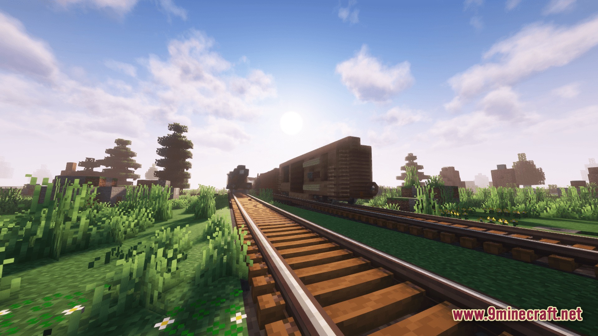 Kinetic Odyssey Quest Modpack (1.20.1) – Mechanical Engineering And Magic Adventures 10 A steam locomotive pulls cargo cars along a railway track through a grassy plains biome