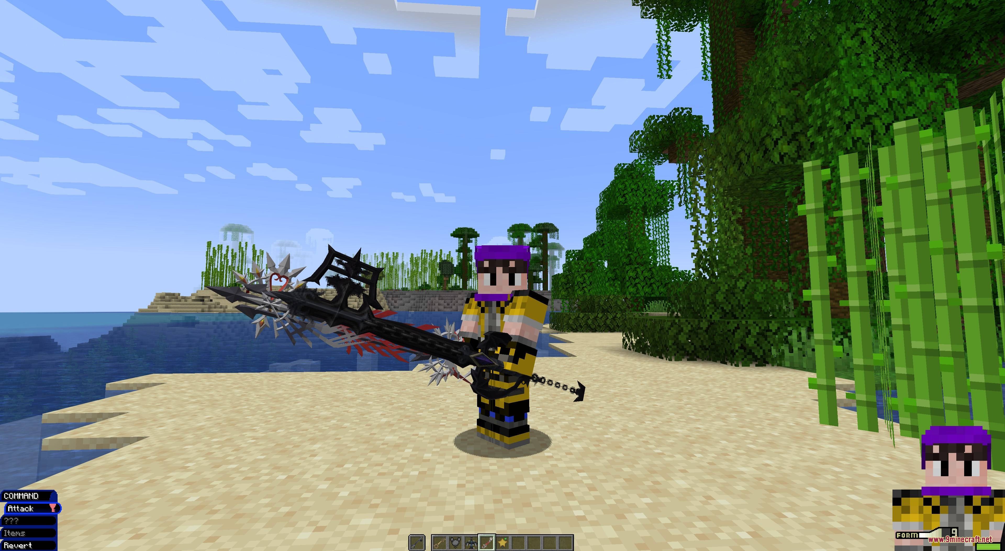 Minecraft player wielding a large black keyblade on a tropical beach biome