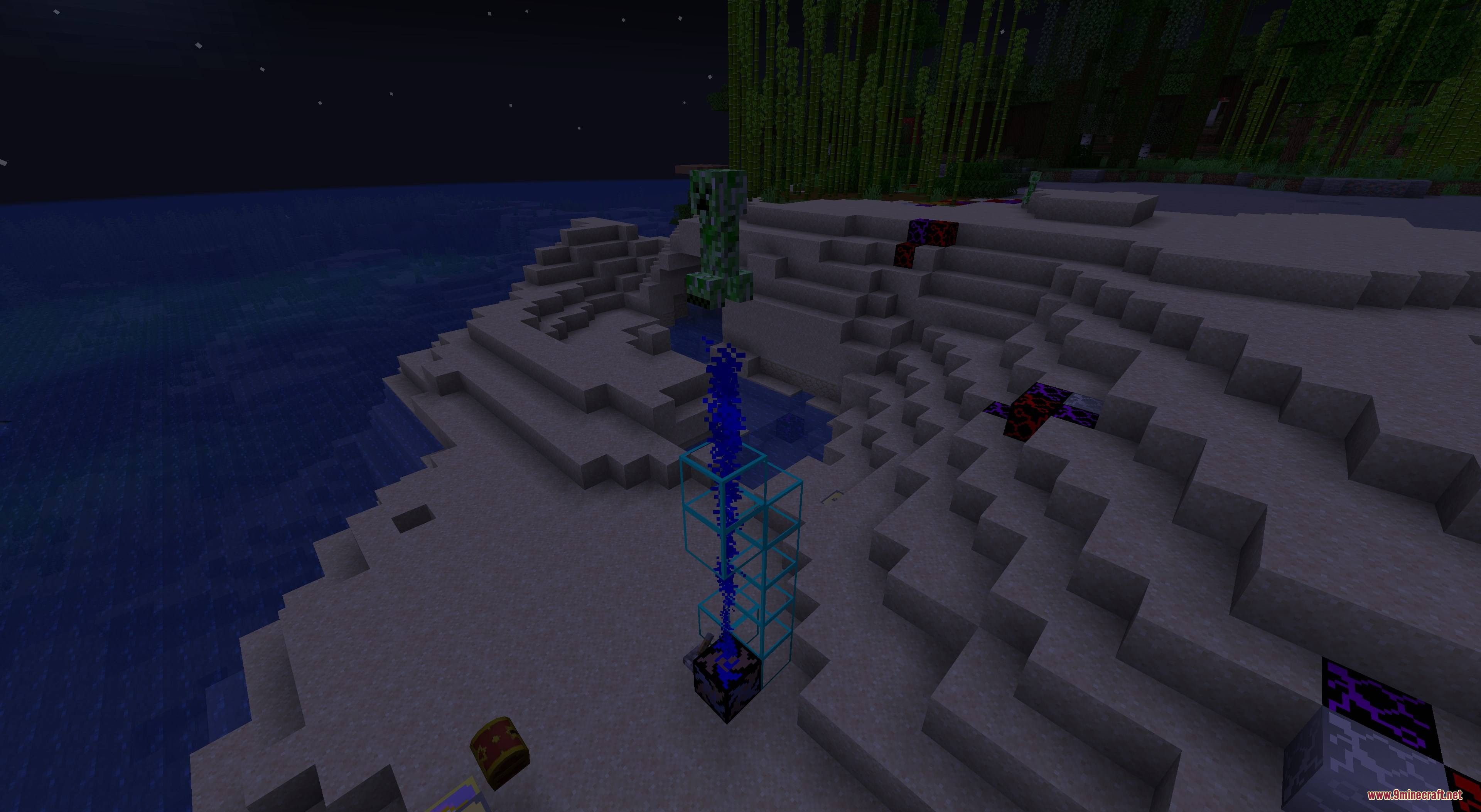 A creeper is suspended in the air by a blue energy beam