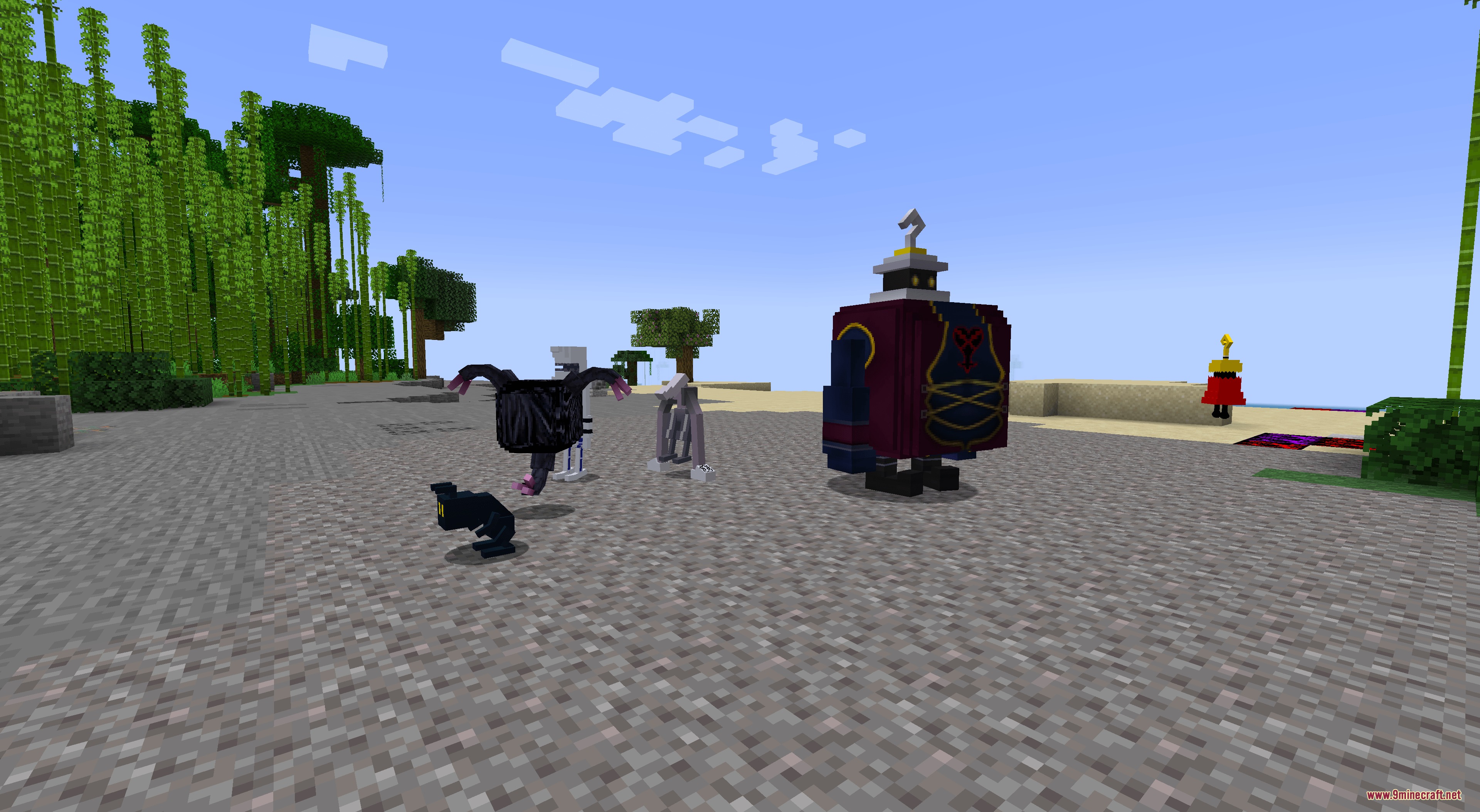 Several unique heartless mobs from kingdom keys stand on the gravel