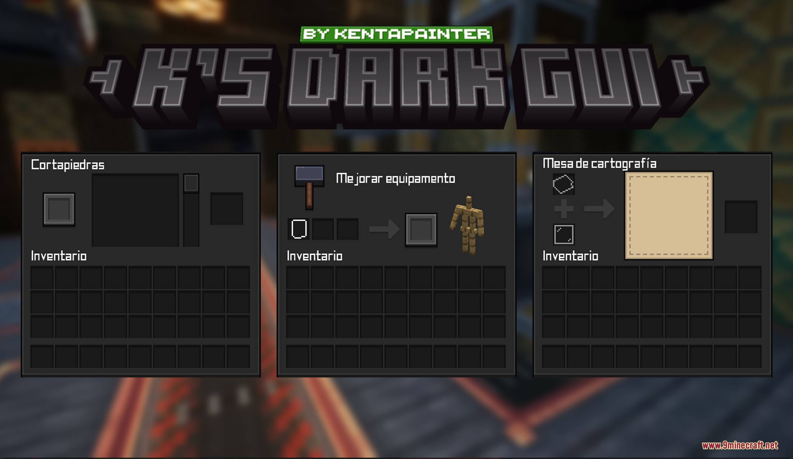 K’s Dark Gui Resource Pack (1.21.11, 1.21.1) – Sleek Dark Mode Overhaul 3 Dark mode interfaces for stonecutter smithing table and cartography table in minecraft