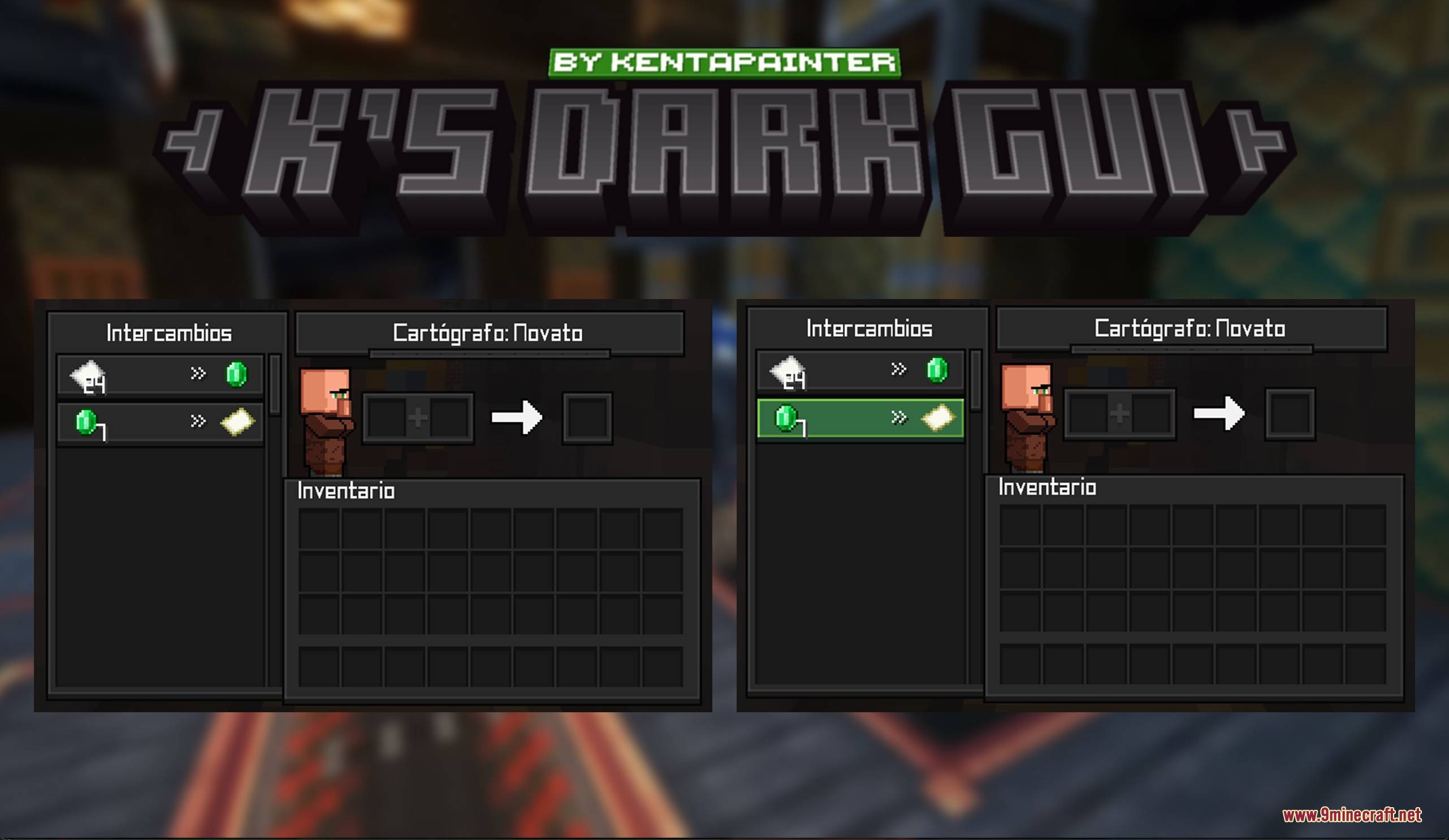 K’s Dark Gui Resource Pack (1.21.11, 1.21.1) – Sleek Dark Mode Overhaul 8 Dark themed villager trading interface showing cartographer trades in spanish