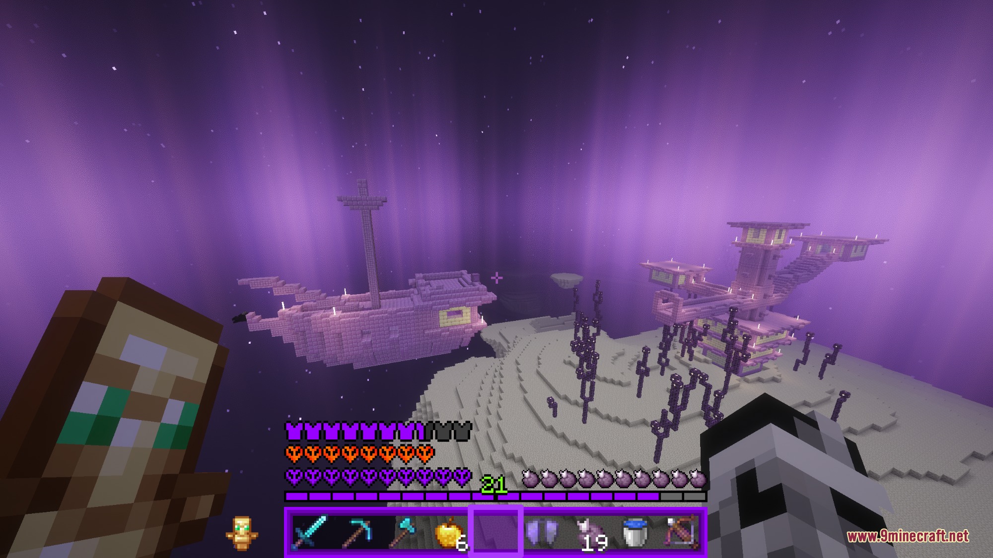 Lilac Hud Resource Pack (26.2, 1.21.11) – Soft Purple Aesthetics 5 A player explores an end city with a custom purple hud interface display