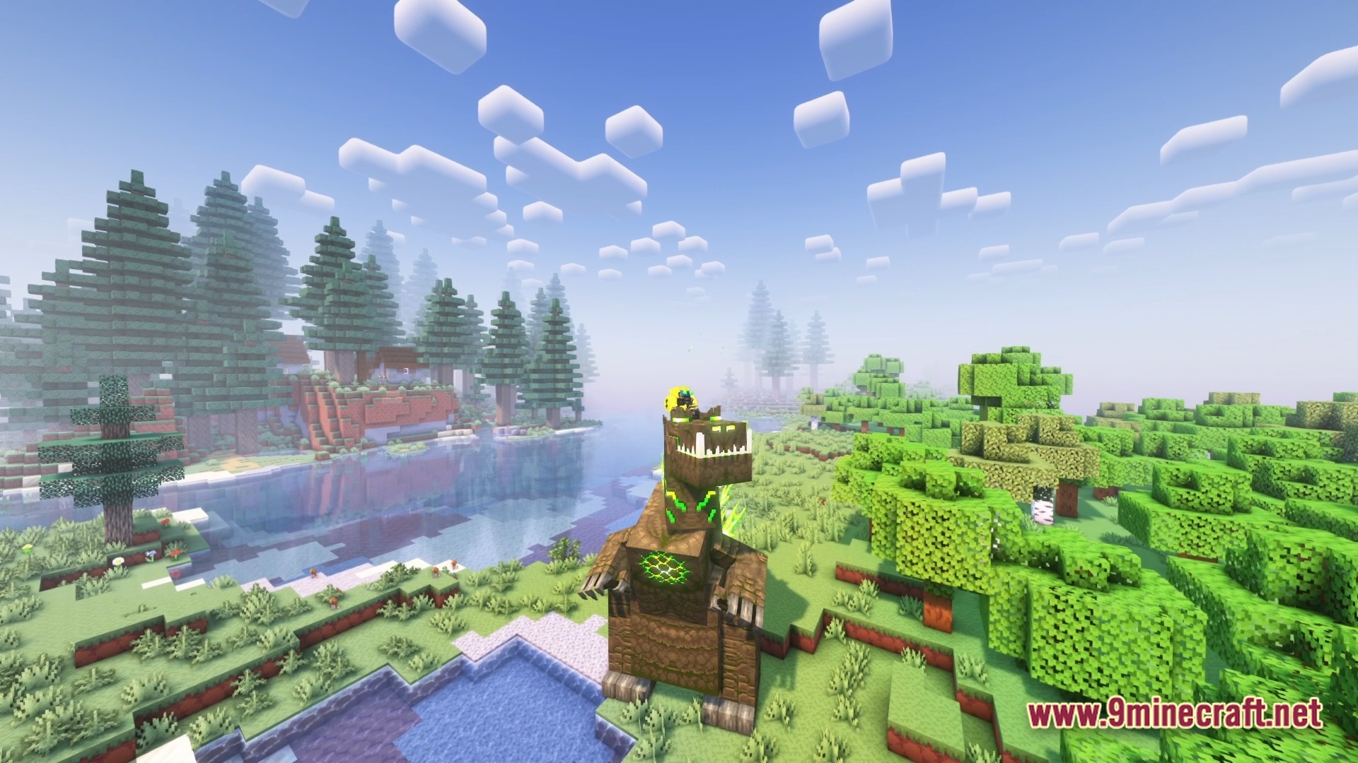 Lovernite Adventure 1 Modpack (1.20.1) – Step By Step Vanilla Adventure 11 A large mechanical dinosaur stands in a grassy biome near a river and pine forest