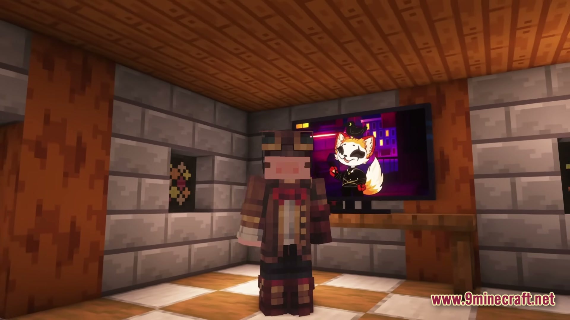 Lovernite Adventure 1 Modpack (1.20.1) – Step By Step Vanilla Adventure 3 A player character stands in a stone room featuring a television displaying a cartoon fox