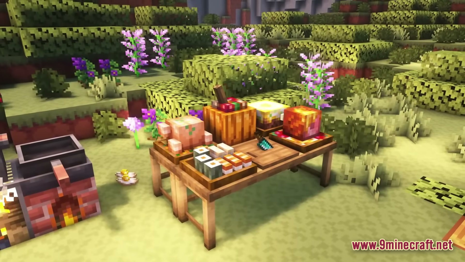 Lovernite Adventure 1 Modpack (1.20.1) – Step By Step Vanilla Adventure 5 Various food items and a cutting board arranged on a wooden table outdoors near a stove