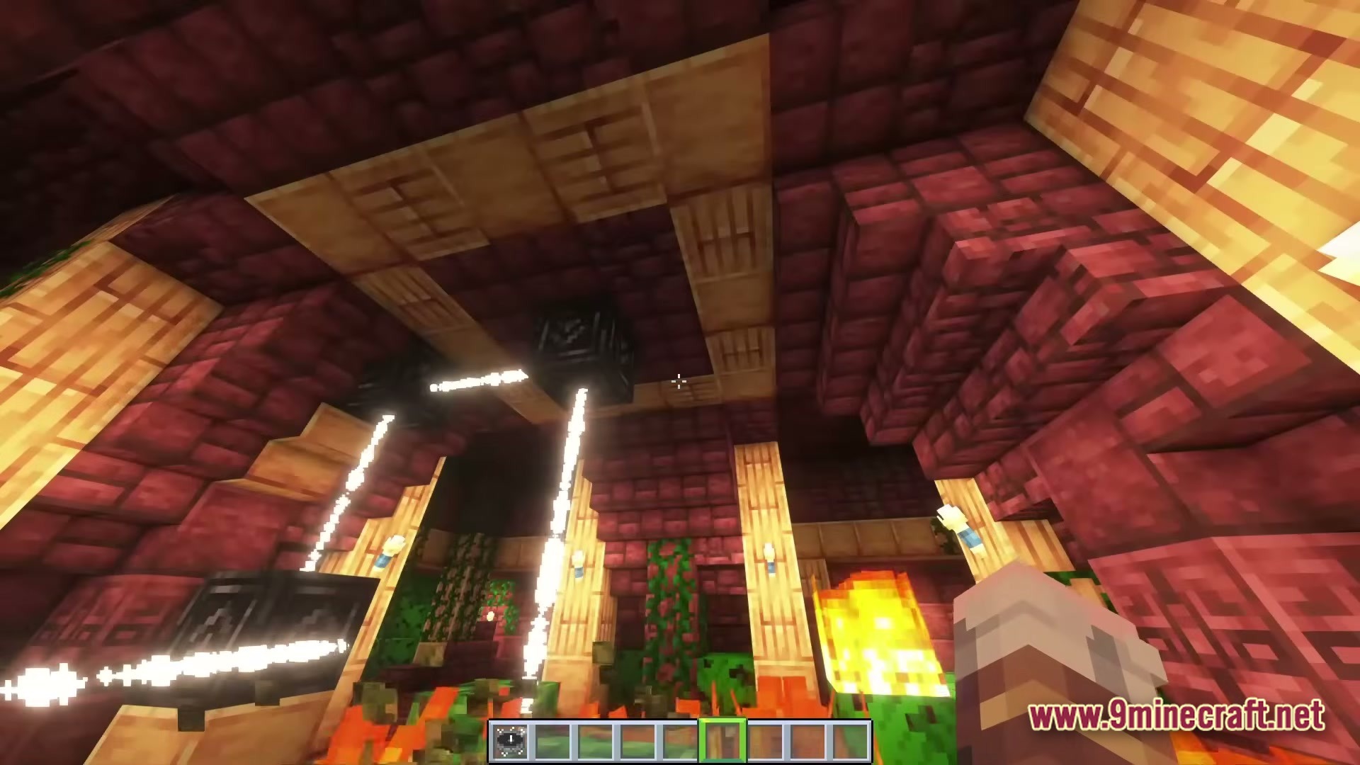 Lovernite Adventure 1 Modpack (1.20.1) – Step By Step Vanilla Adventure 7 A first-person view of a nether-themed interior featuring red bricks, wooden pillars, and glowing particles