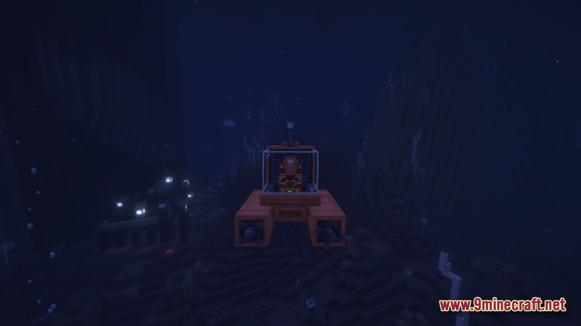 Lovernite Adventure 1 Modpack (1.20.1) – Step By Step Vanilla Adventure 8 An orange submarine vehicle explores a dark underwater biome near glowing structures and coral