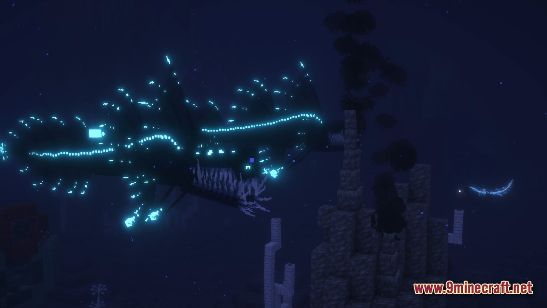 Lovernite Adventure 1 Modpack (1.20.1) – Step By Step Vanilla Adventure 9 A massive bioluminescent sea creature swims through a dark underwater environment near stone structures