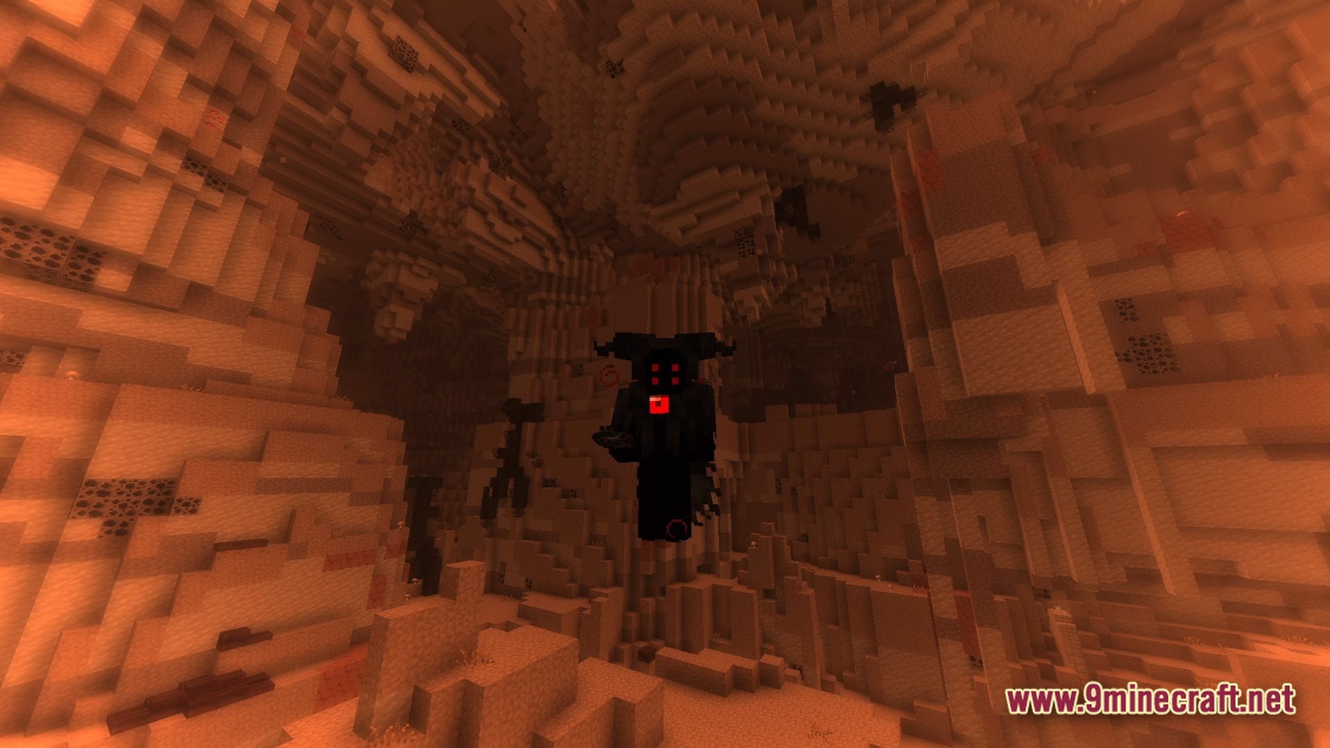 Lovernite Adventure 1 Modpack (1.20.1) – Step By Step Vanilla Adventure 10 A dark, horned figure with glowing red eyes floats within a vast, orange-tinted underground cavern