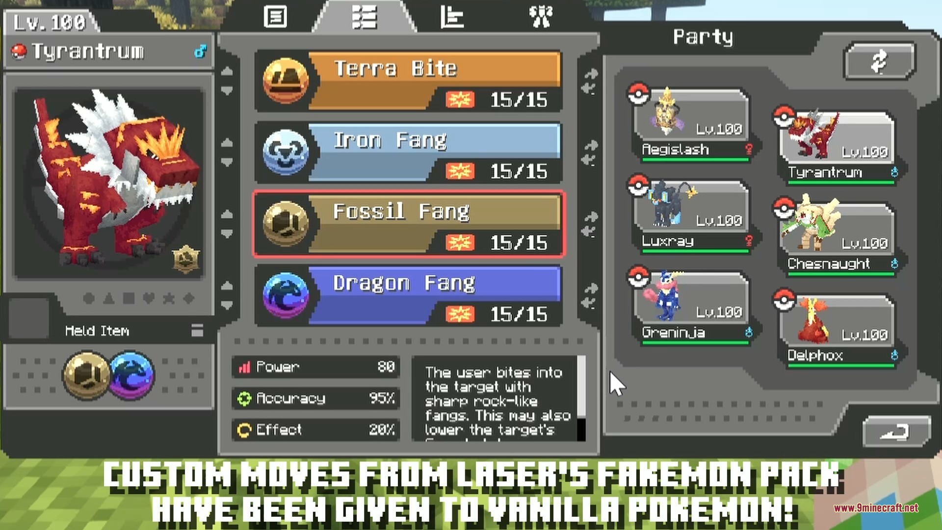 Laser’s Additions Data Pack (1.21.1) – Fresh Battle Moves And Tactics 2 Tyrantrum displaying custom moves from laser additions in a detailed pokemon menu