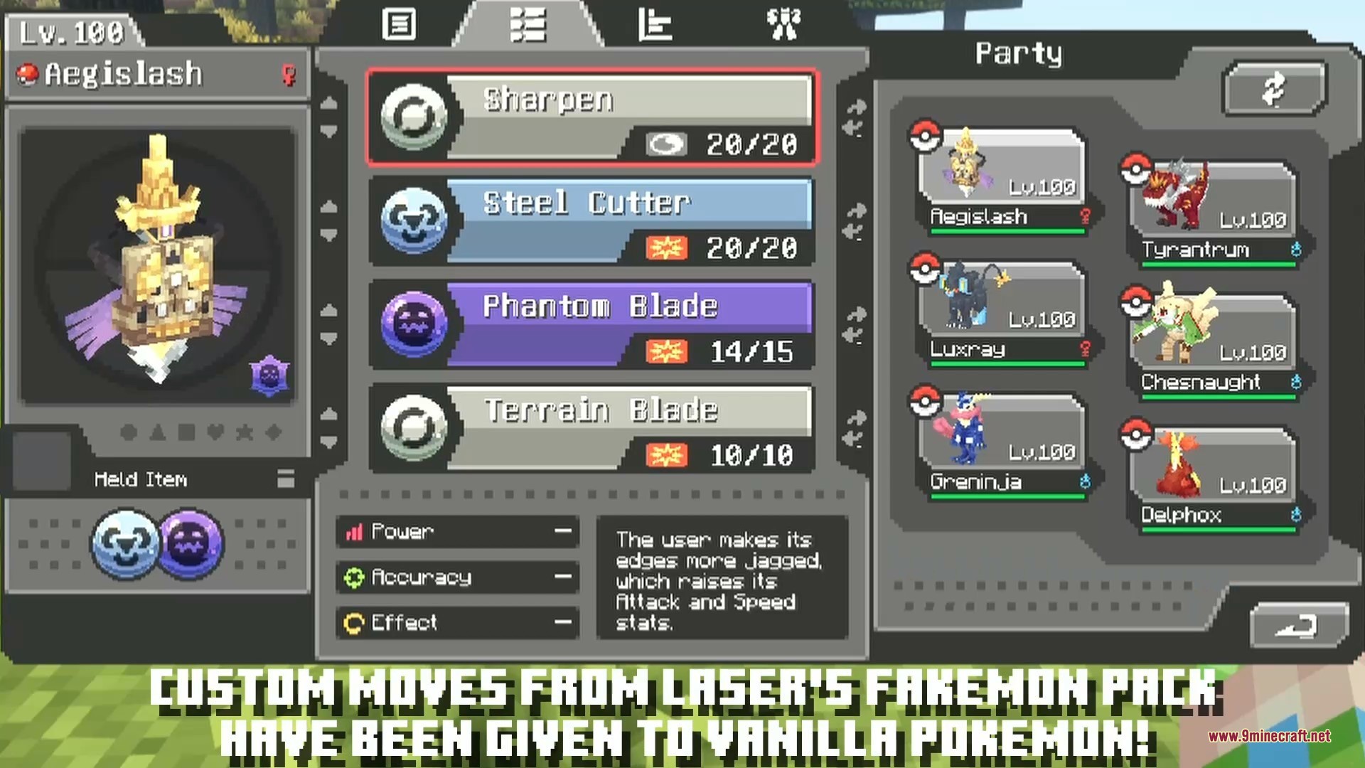 Laser’s Additions Data Pack (1.21.1) – Fresh Battle Moves And Tactics 3 Aegislash showing custom moves like phantom blade in a detailed battle interface
