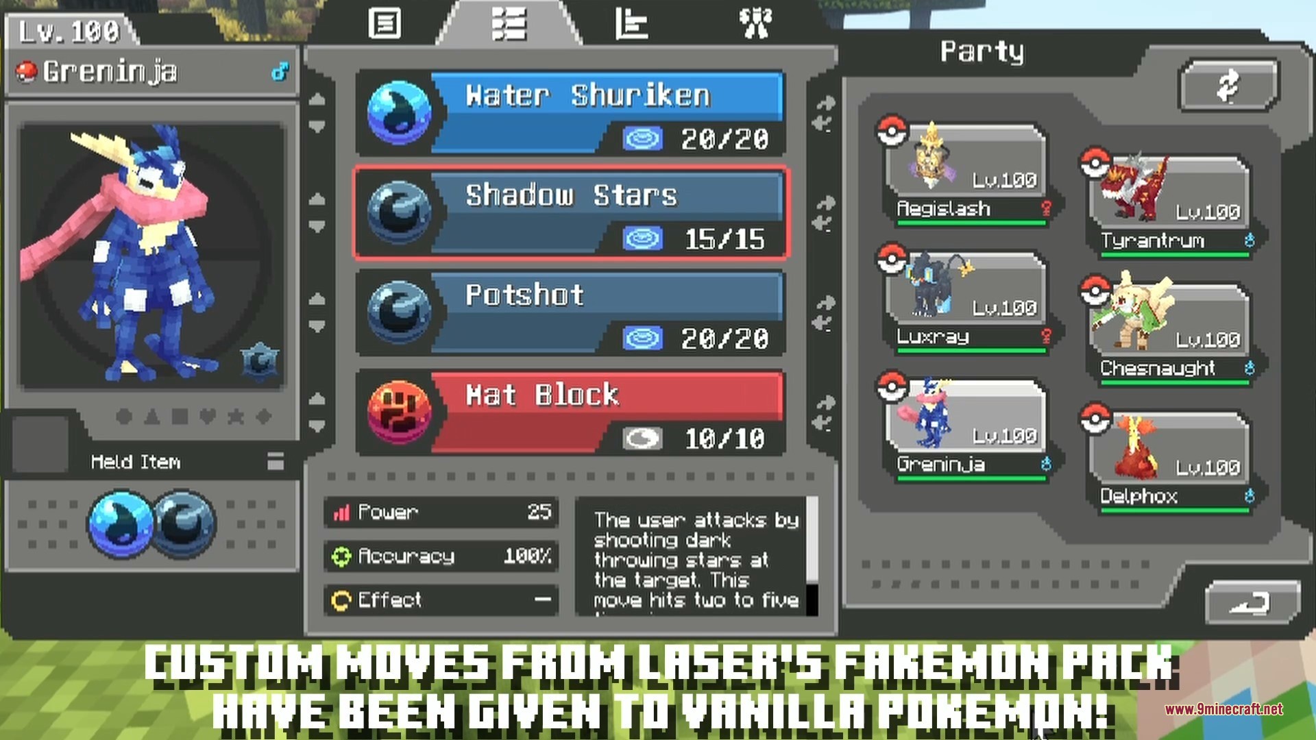Laser’s Additions Data Pack (1.21.1) – Fresh Battle Moves And Tactics 4 Greninja showing custom moves from lasers additions data pack in the status menu