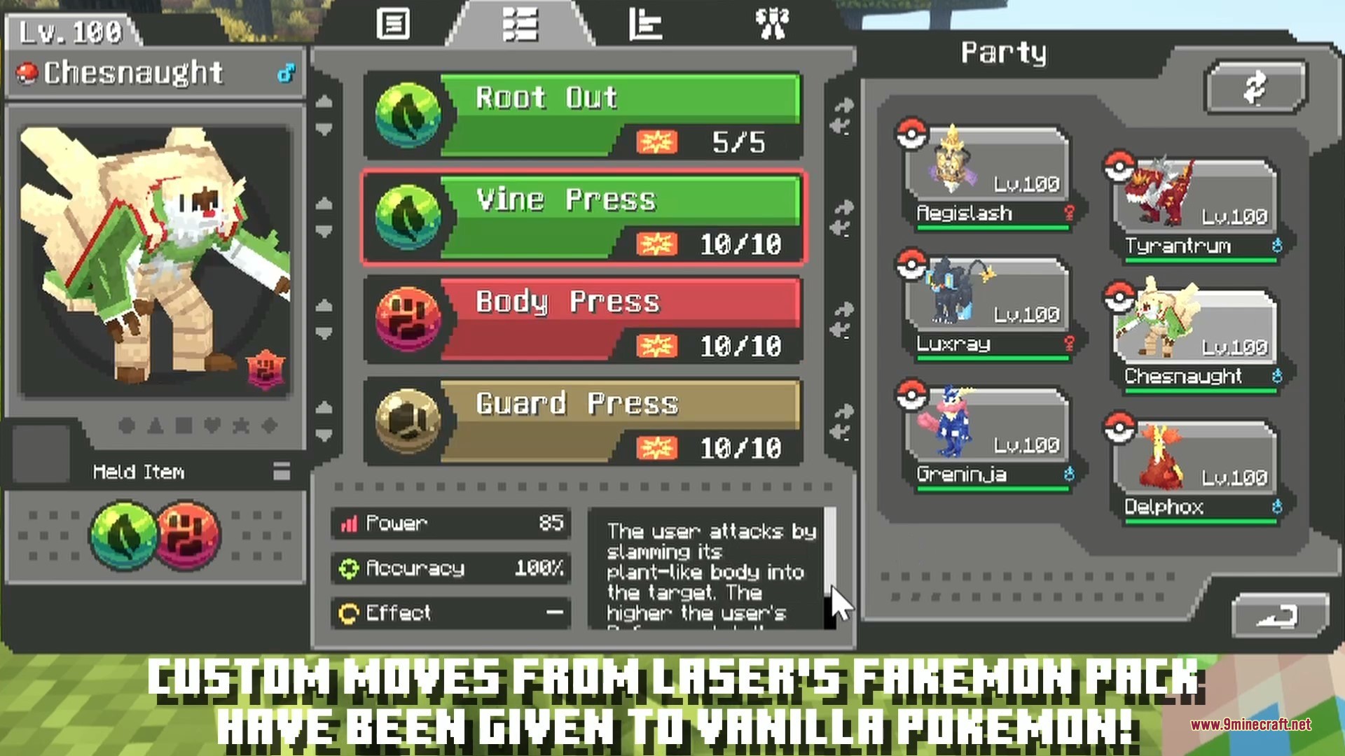 Laser’s Additions Data Pack (1.21.1) – Fresh Battle Moves And Tactics 5 Chesnaught displaying new grass and fighting moves in the pokemon party screen