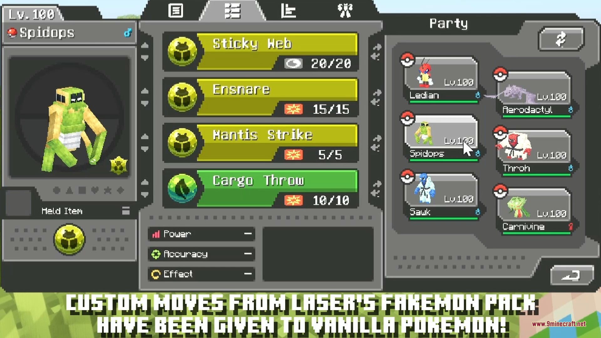Laser’s Additions Data Pack (1.21.1) – Fresh Battle Moves And Tactics 7 A pokemon menu showing custom moves assigned to a spidops in a minecraft world