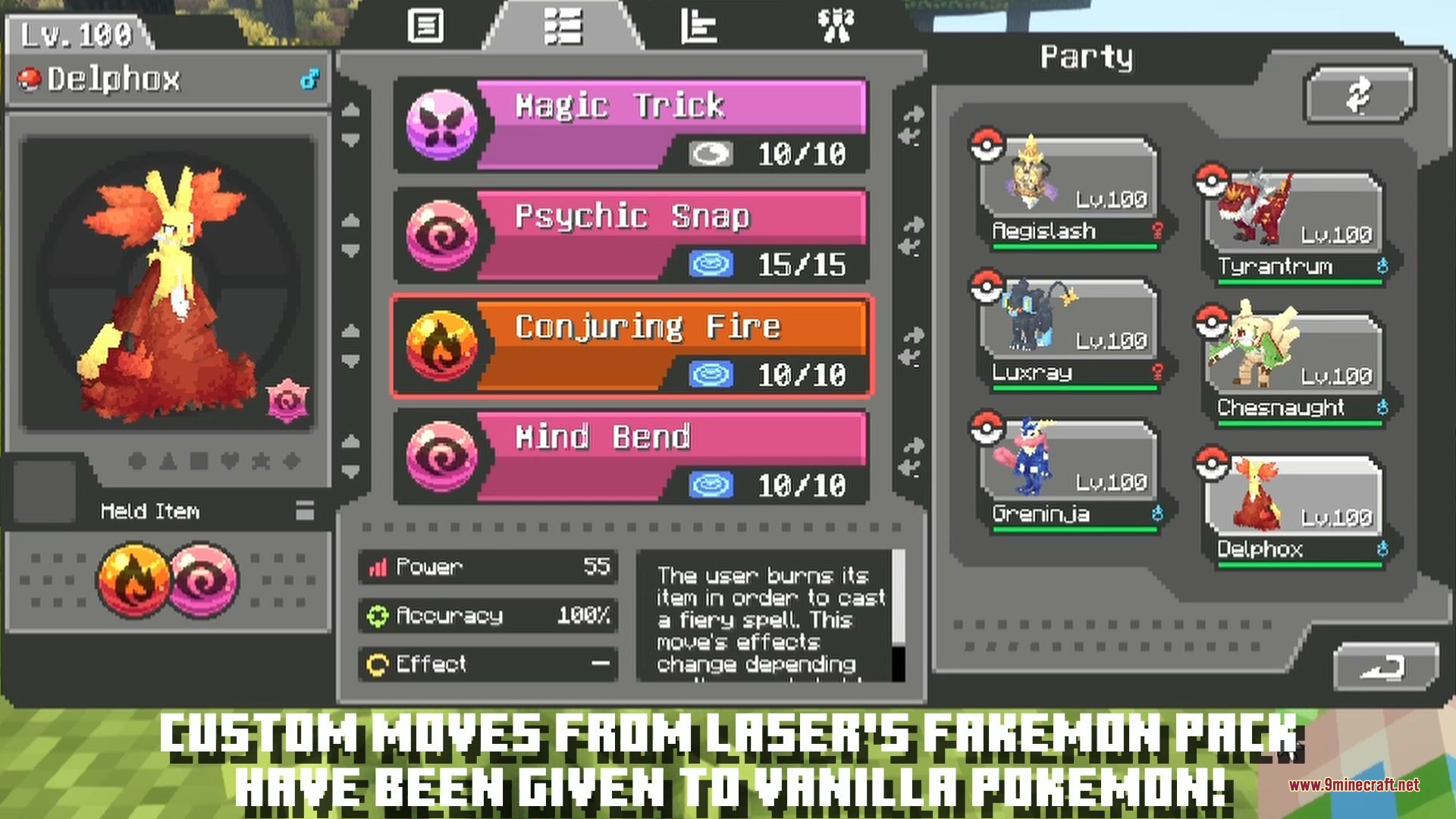 Laser’s Additions Data Pack (1.21.1) – Fresh Battle Moves And Tactics 8 A level 100 delphox showcasing custom moves in a detailed pokemon menu