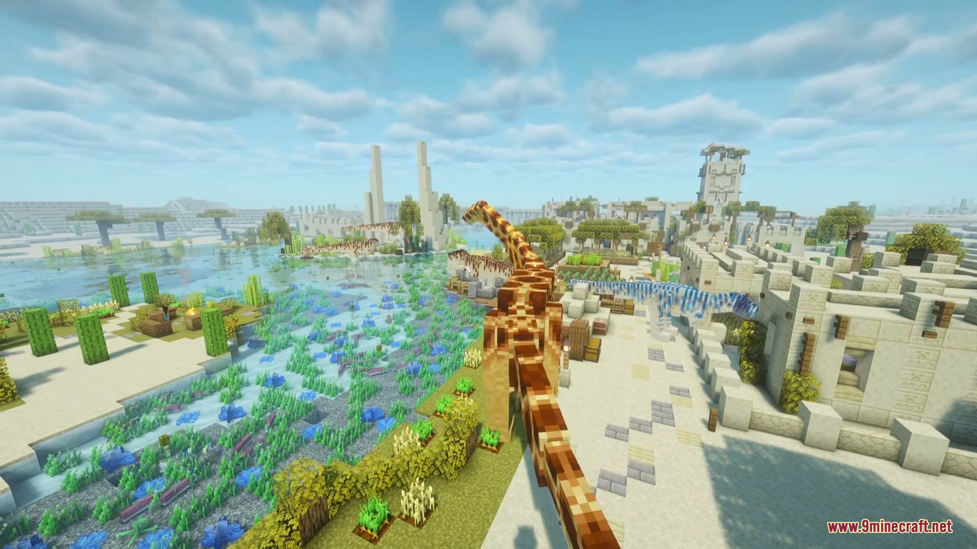 Large orange dinosaur walking through a desert village near a lush oasis