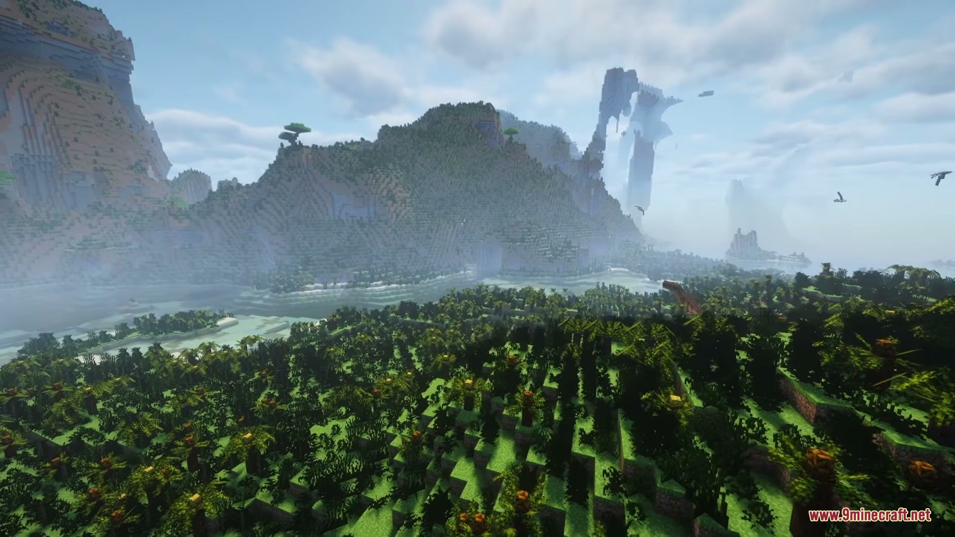 Vast prehistoric landscape with floating islands and flying dinosaurs over the jungle