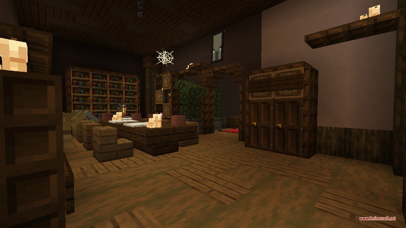A detailed library room featuring a long wooden table and many bookshelves