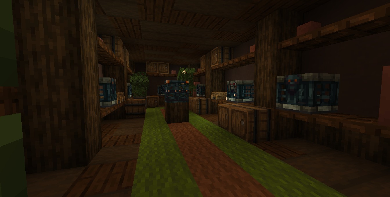 Trial spawners placed on wooden shelves inside a dark mansion storage room