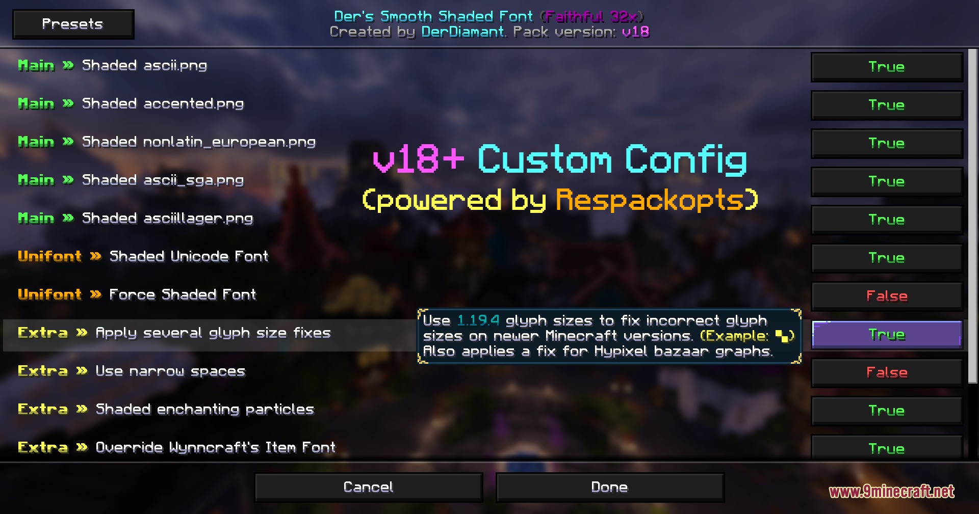 Settings menu for adjusting font options and glyph size fixes in minecraft