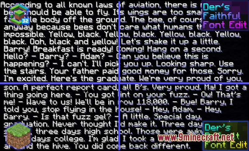 Four quadrants displaying different color and shading styles for the custom minecraft font