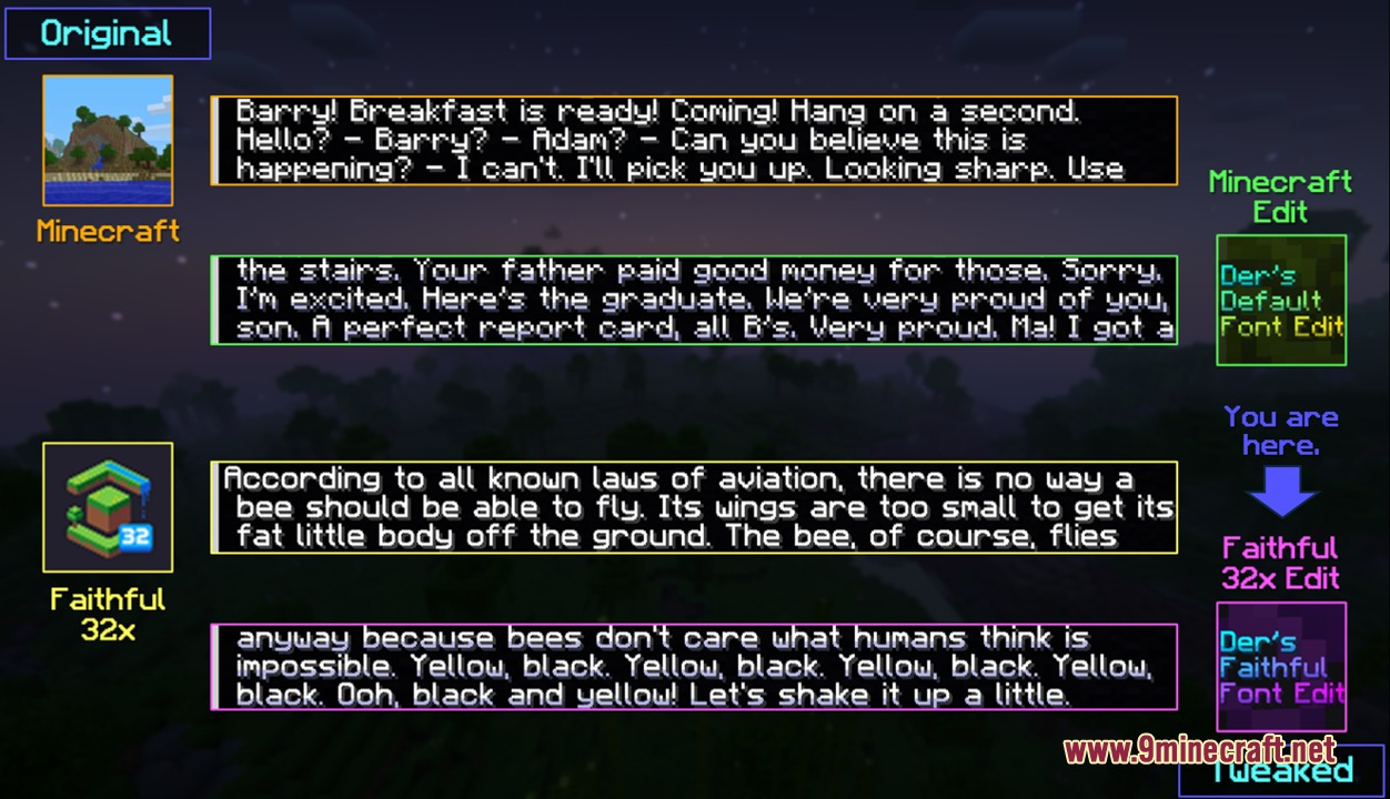 Lumina velvet script resource pack comparison showing various minecraft font styles and text