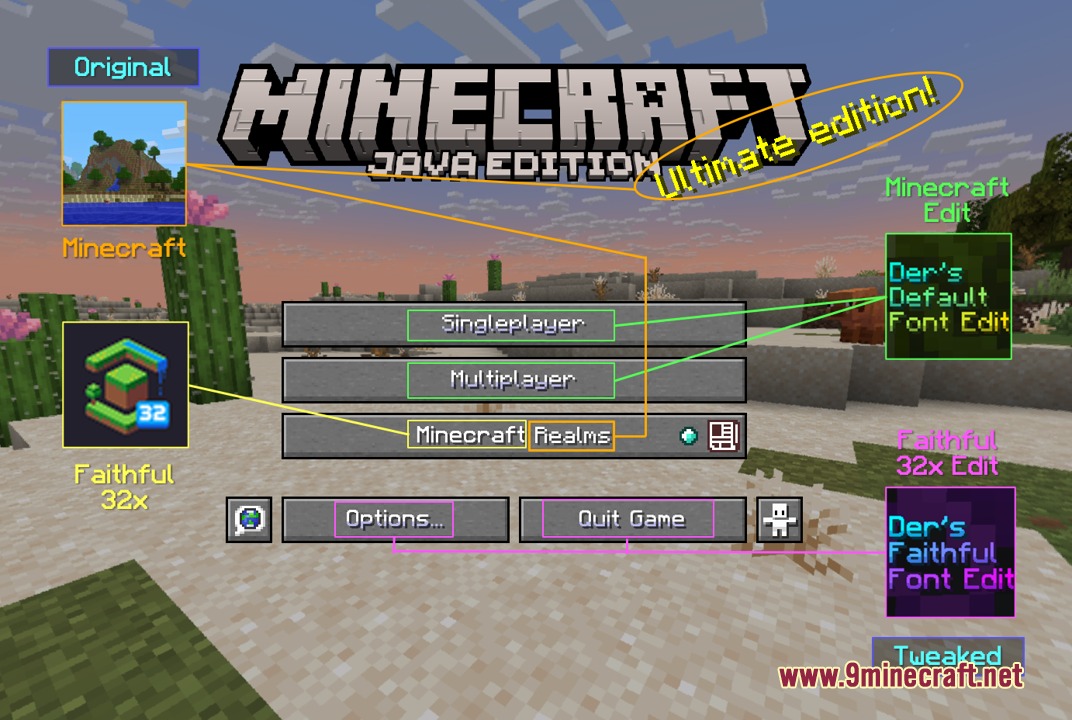 Minecraft main menu interface showcasing different font styles on the game menu buttons