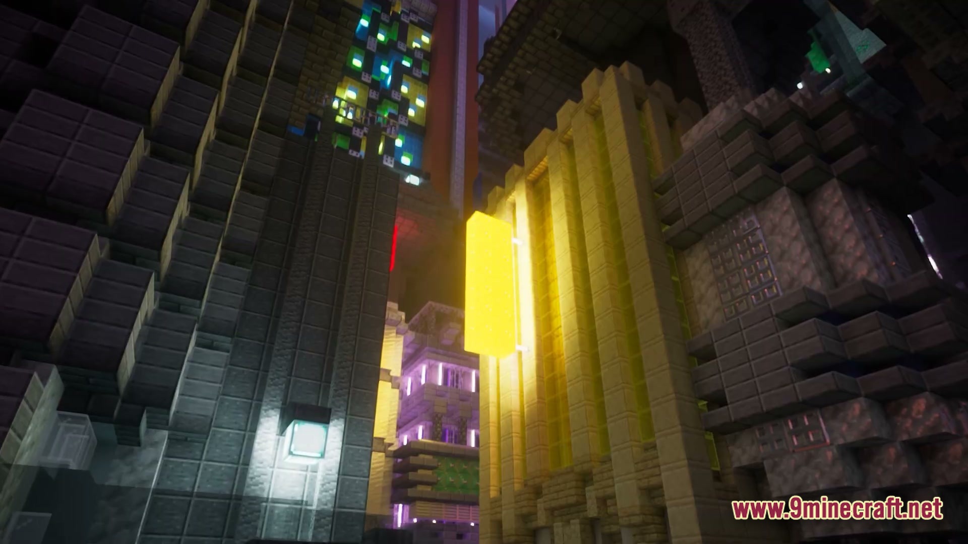 A low-angle view of a futuristic city street featuring tall buildings and glowing neon light sources