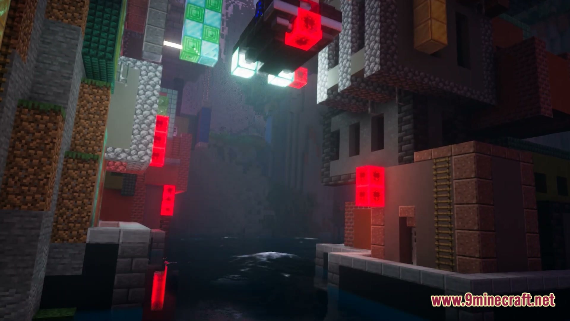A dense urban canal featuring glowing neon blocks and multi-story structures under a dark, foggy sky