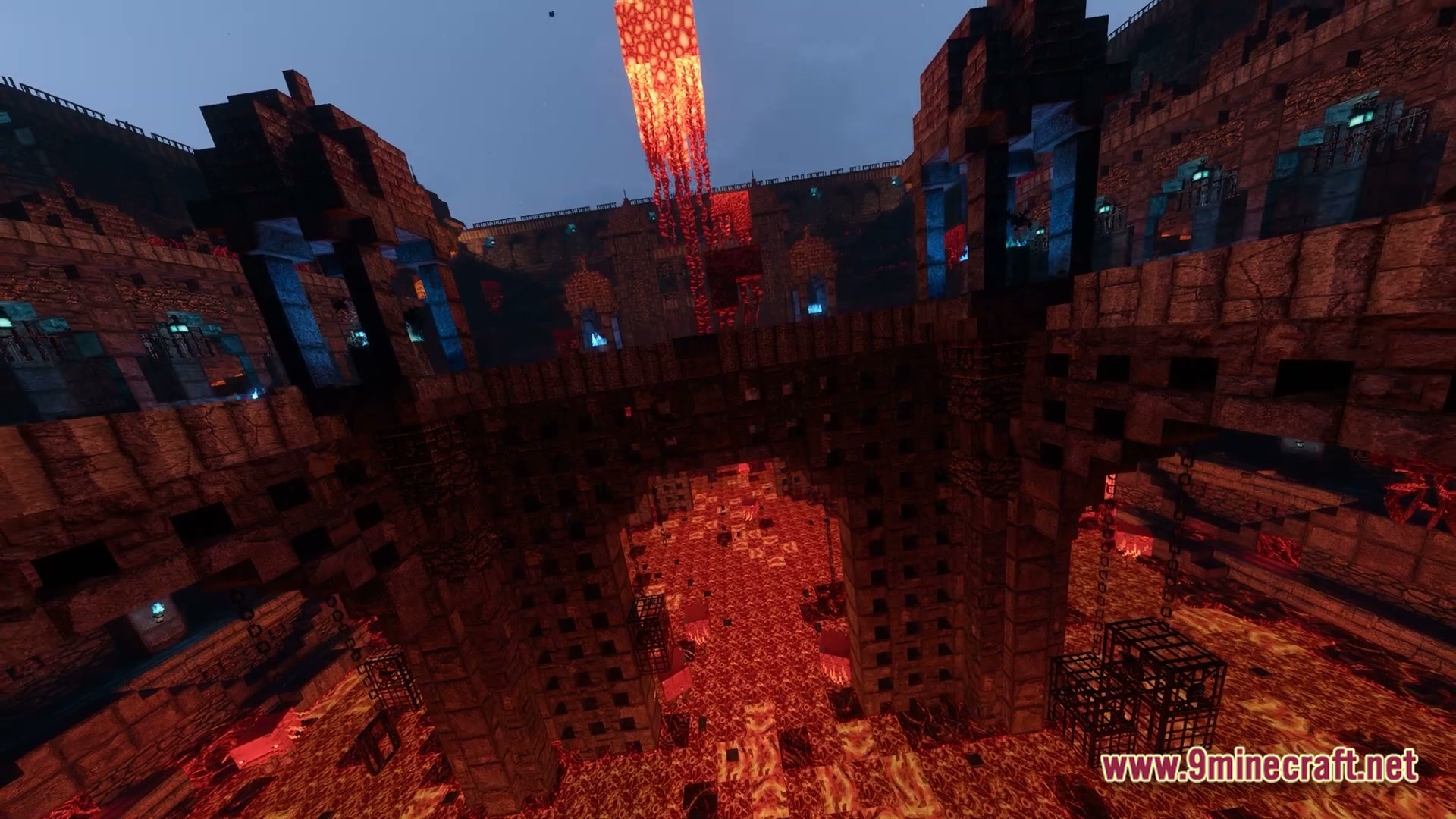 A massive stone fortress interior featuring lava pits, mob spawners, and glowing blue soul lanterns