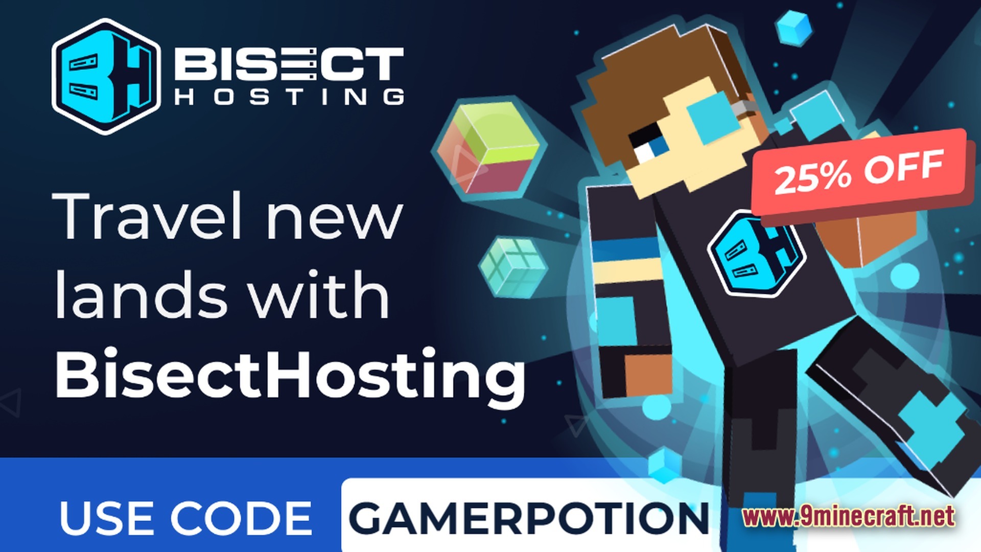 A promotional graphic for bisecthosting featuring a minecraft character and a discount code for server hosting