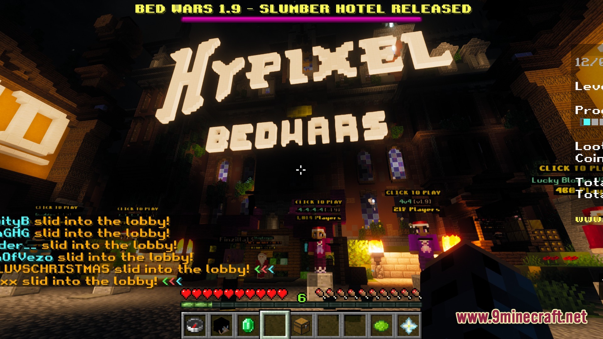 Players gather in the hypixel bedwars lobby featuring large glowing text and custom game npcs