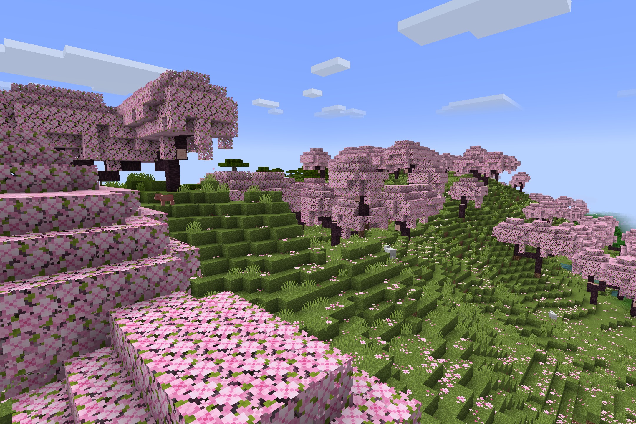 Maxgyro Ultimate Pvp Resource Pack (1.21.11, 1.21.1) – Sharp Black And Crimson 2 Lush cherry blossom grove with pink leaves and green grass on hills