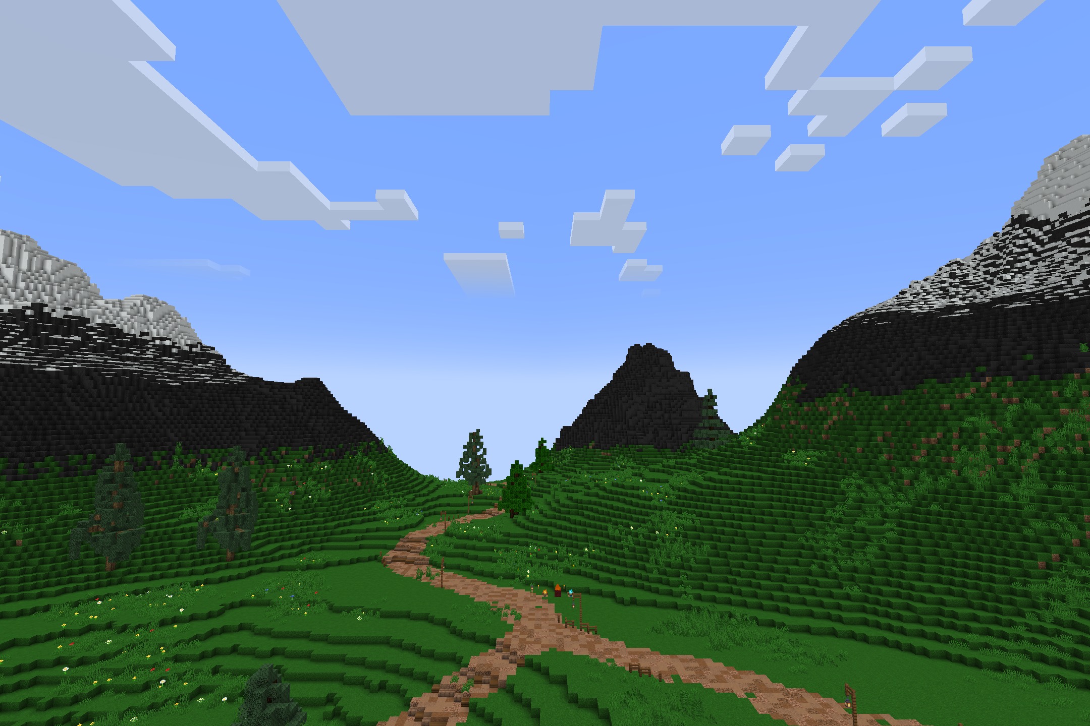 Maxgyro Ultimate Pvp Resource Pack (1.21.11, 1.21.1) – Sharp Black And Crimson 11 Winding dirt path leading through a lush green valley toward dark mountains