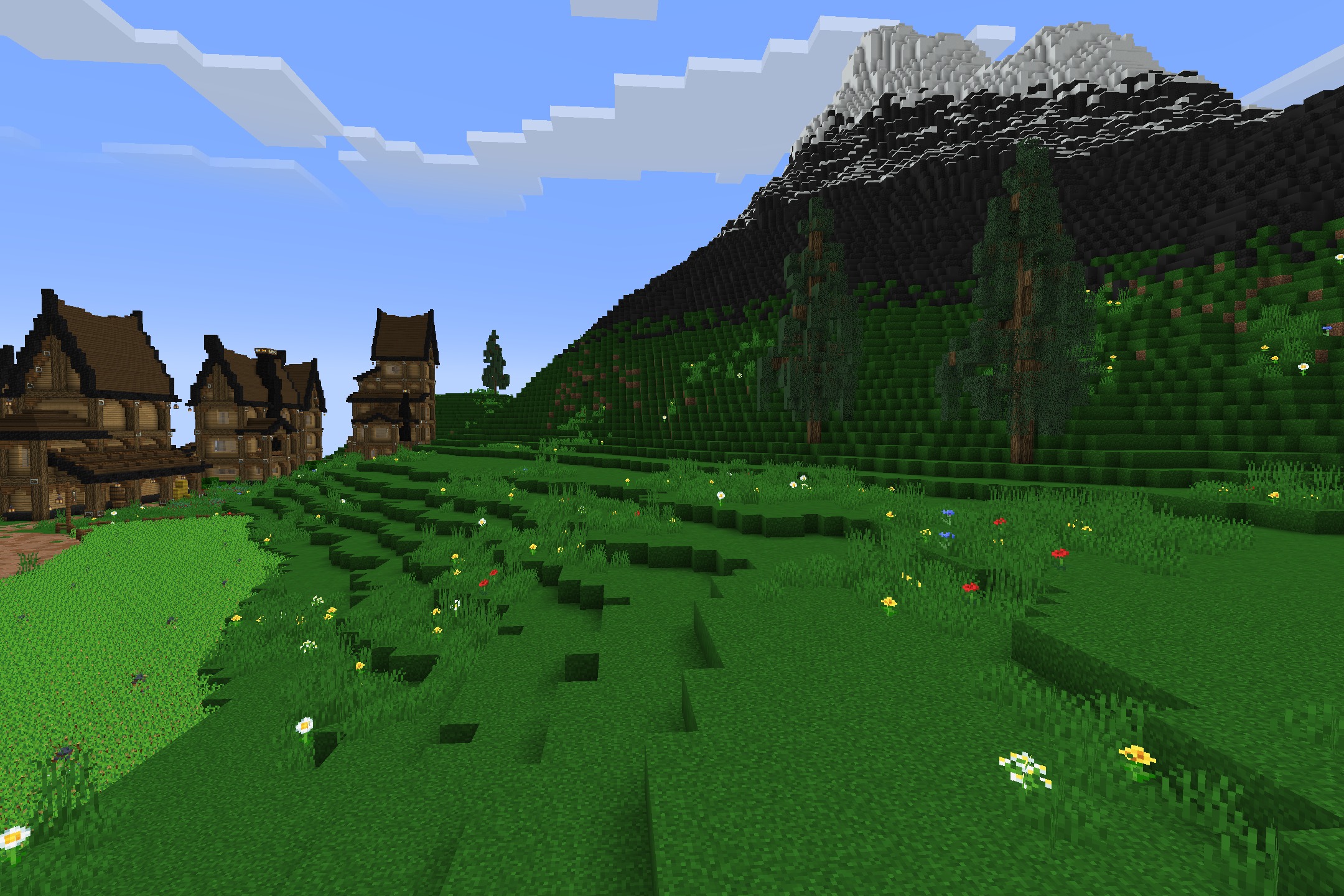 Maxgyro Ultimate Pvp Resource Pack (1.21.11, 1.21.1) – Sharp Black And Crimson 5 Detailed houses on a grassy hill next to a large mountain